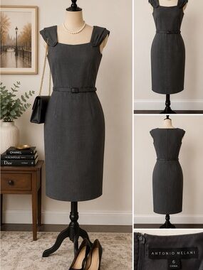 Antonio Melani Charcoal Sheath Dress with Belt Size 6